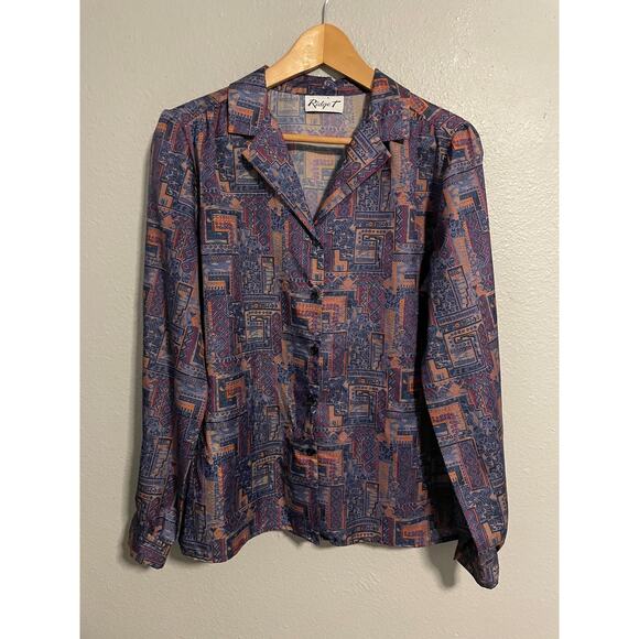 Vintage Ridge T Shirt Womens Large Blue Purple Abstract Button Up Blouse 90s Top - Picture 1 of 6